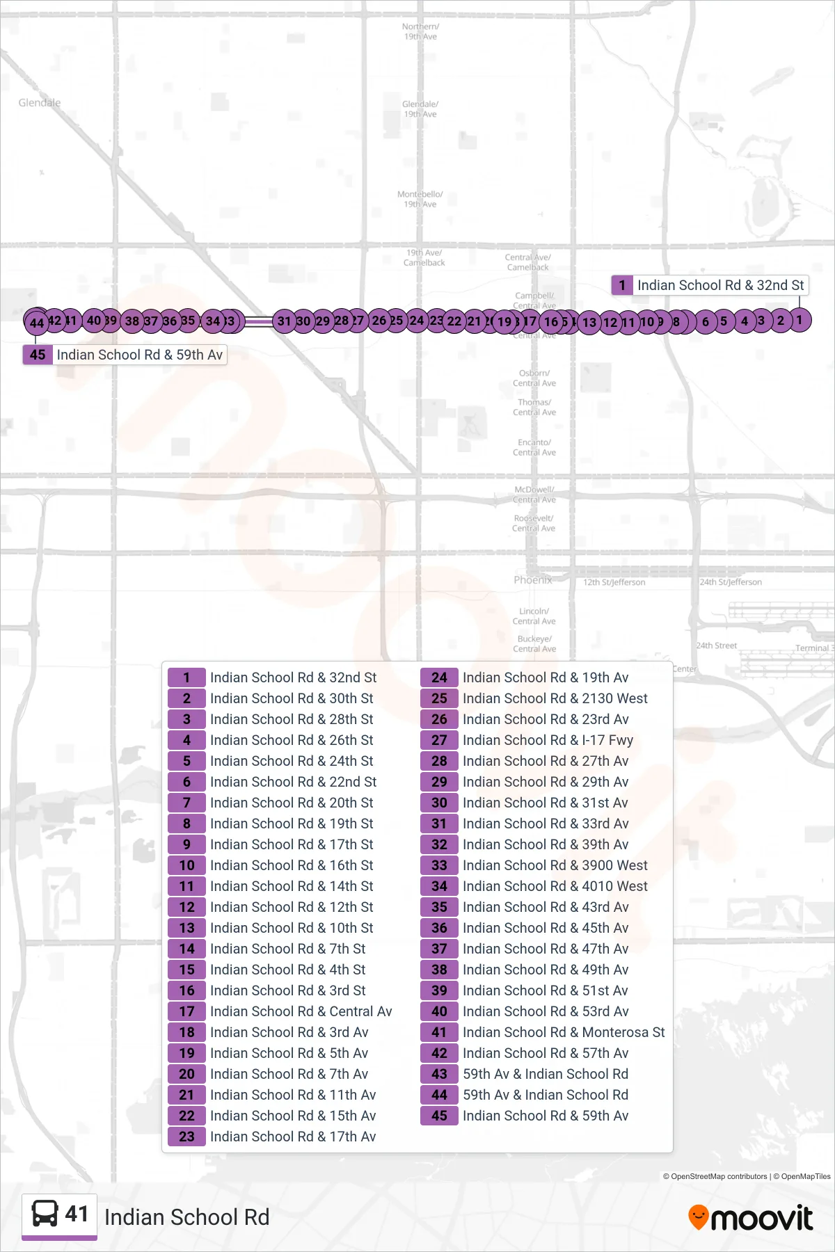 41 bus Line (59th Av+Indian School) route and stops on a map