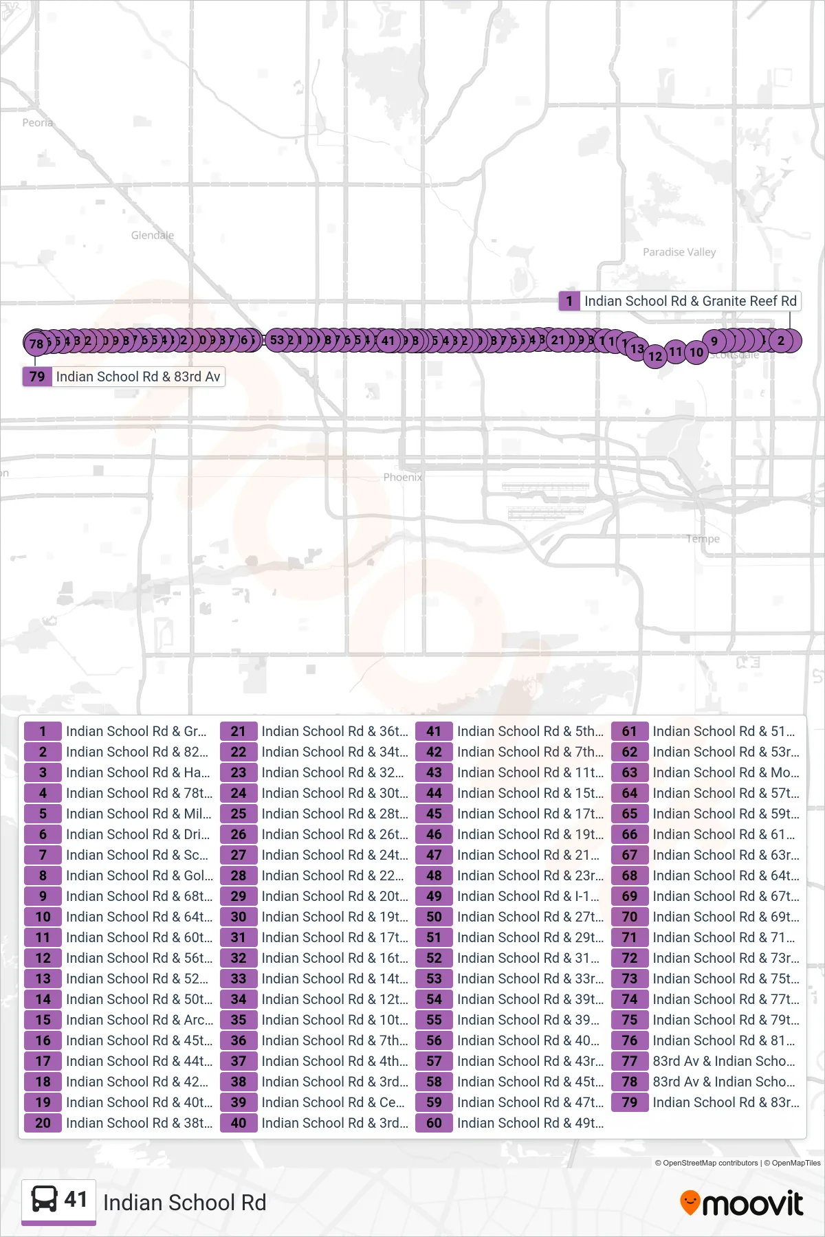41 bus Line (83rd Av+Indian School) route and stops on a map