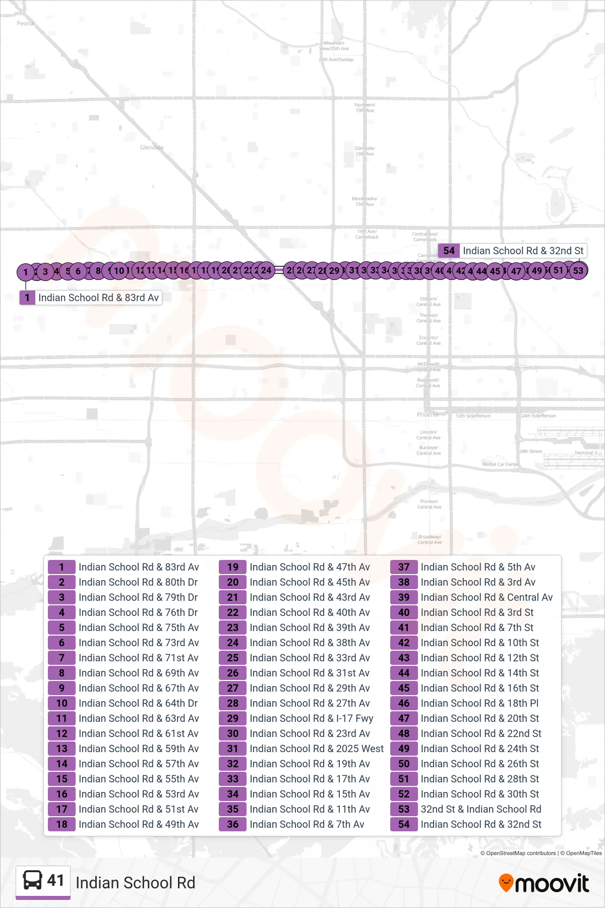 41 bus Line (32nd St+Indian School) route and stops on a map