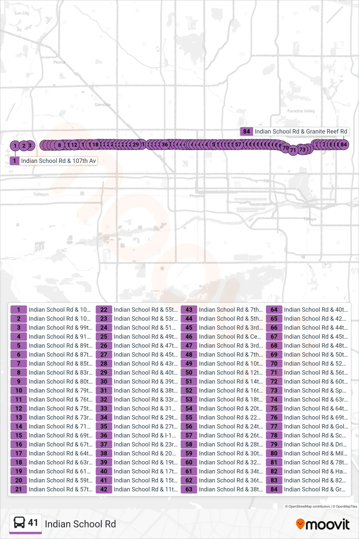 41 bus Line (Granite Reef+Indn Sc) route and stops on a map