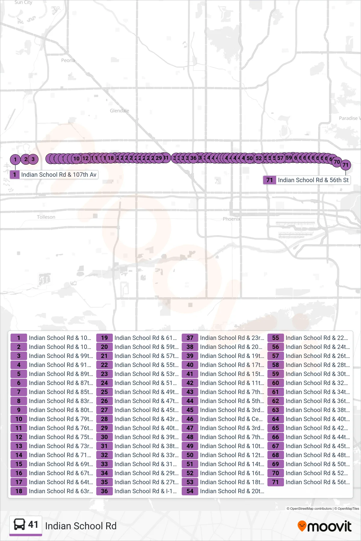 41 bus Line (56th St+Indian School) route and stops on a map