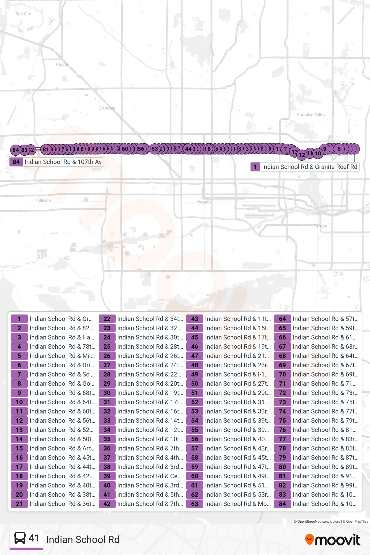 41 bus Line (107th Av+Indian Schl) route and stops on a map