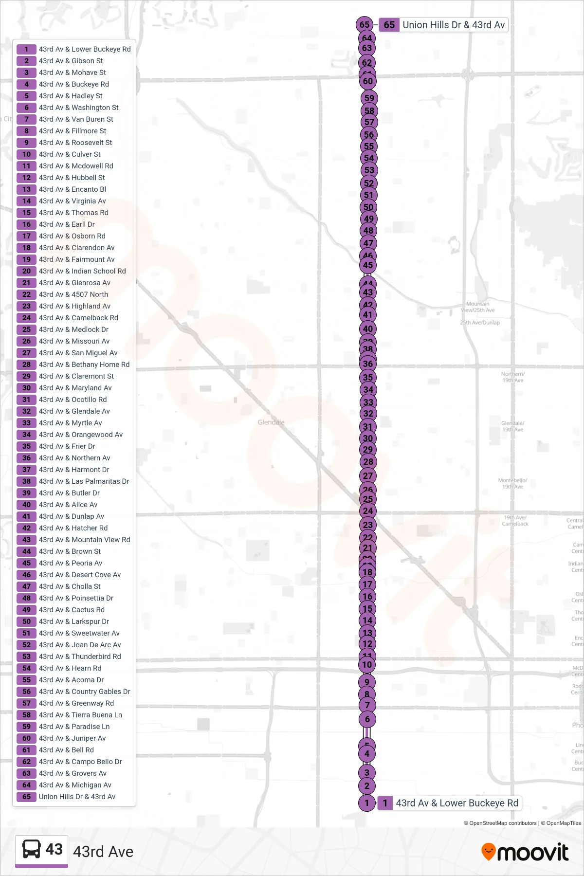 43 bus Line (Union Hills+43rd Ave) route and stops on a map