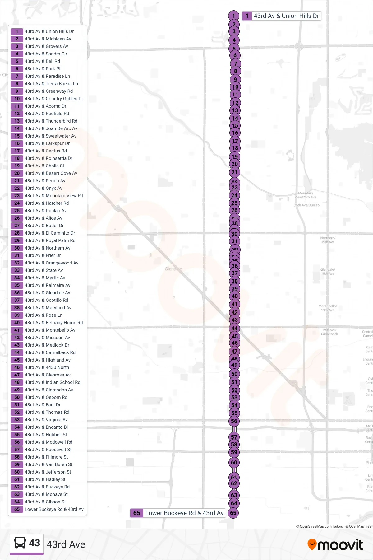 43 bus Line (Lower Buckeye+43rd Av) route and stops on a map