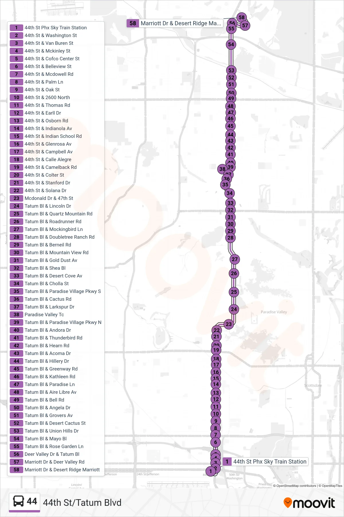 44 bus Line (Desert Ridge) route and stops on a map