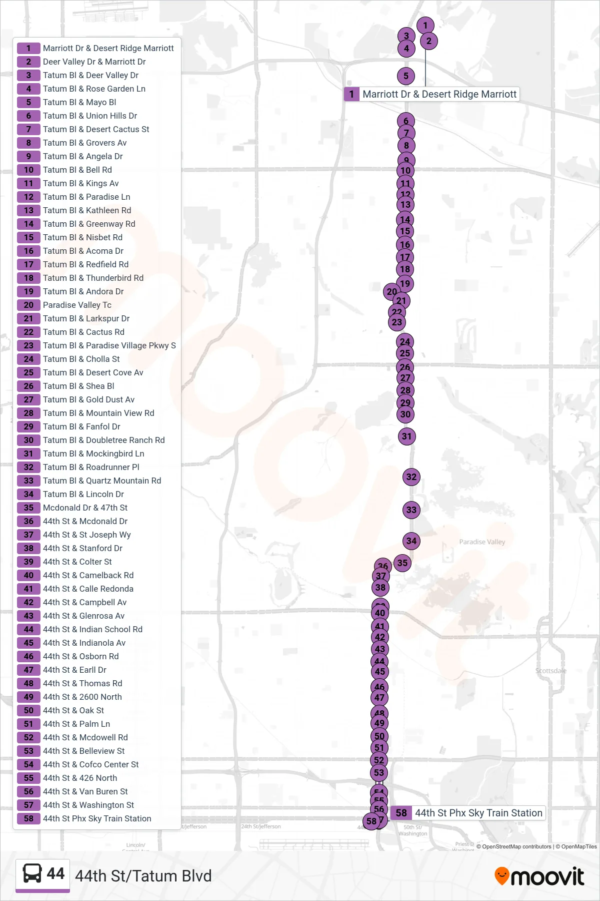 44 bus Line (Sky Train 44th St) route and stops on a map