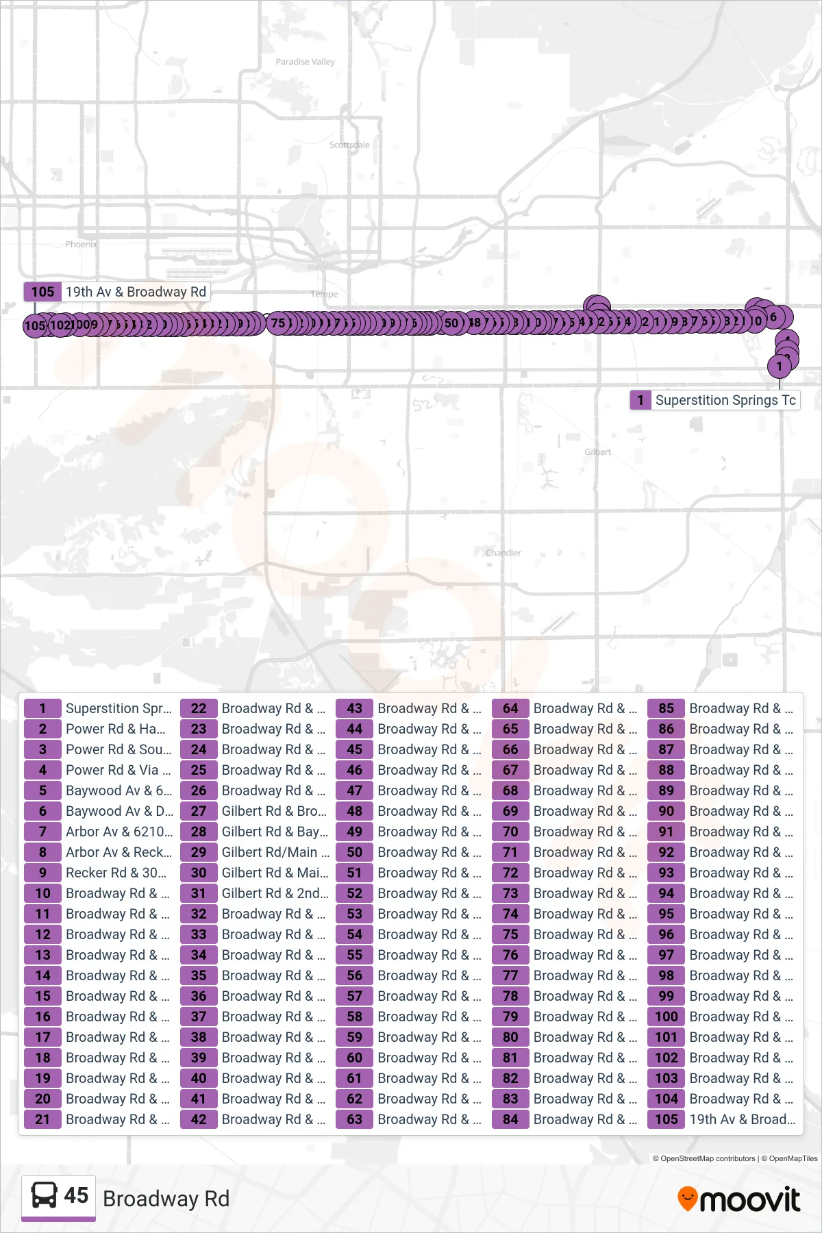 45 bus Line (19th Ave+Broadway) route and stops on a map