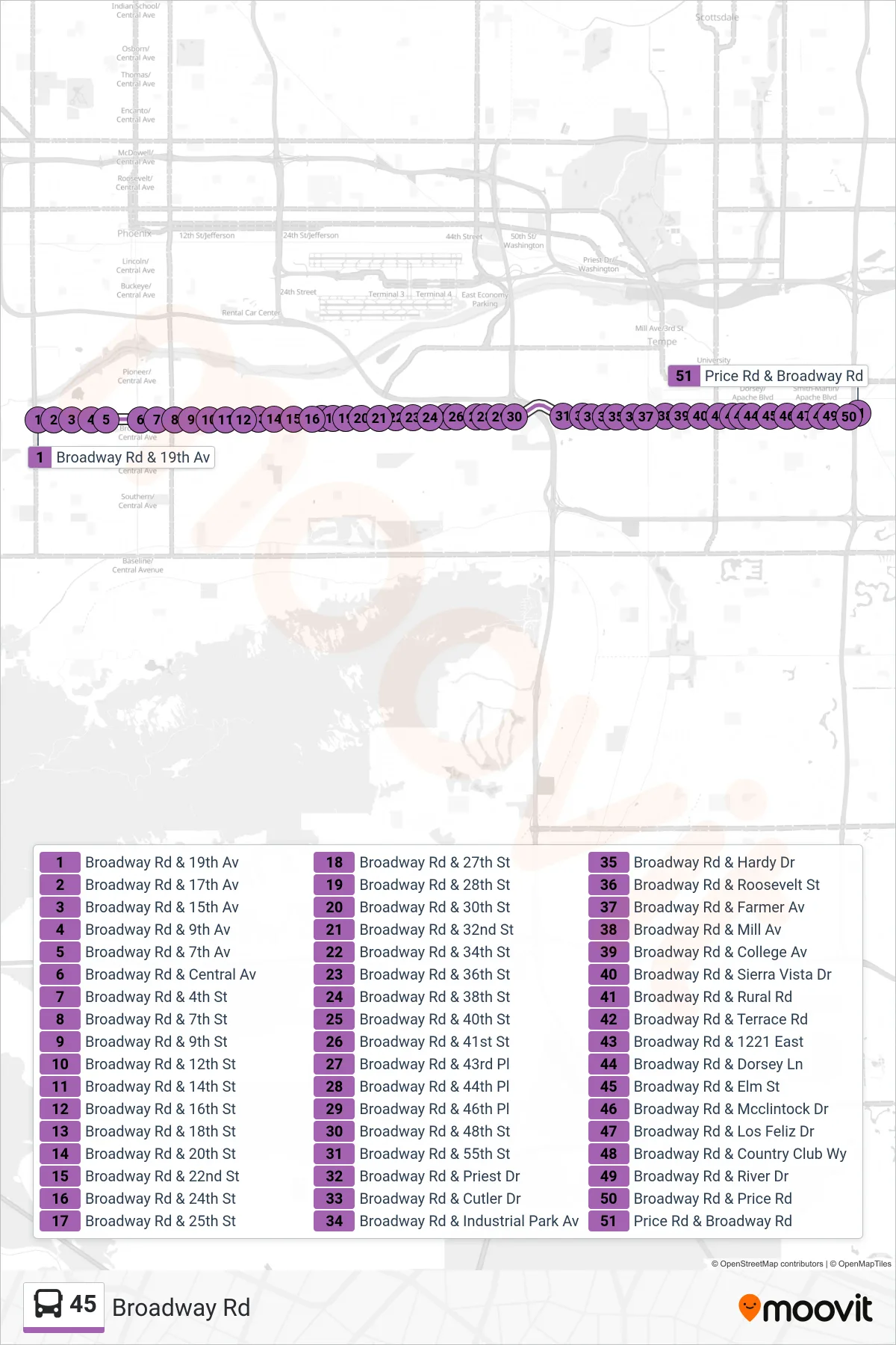 45 bus Line (Price+Broadway) route and stops on a map
