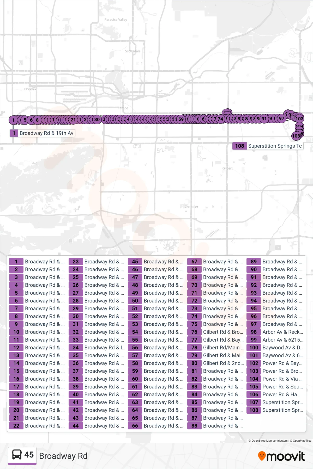 45 bus Line (Superstition Springs) route and stops on a map