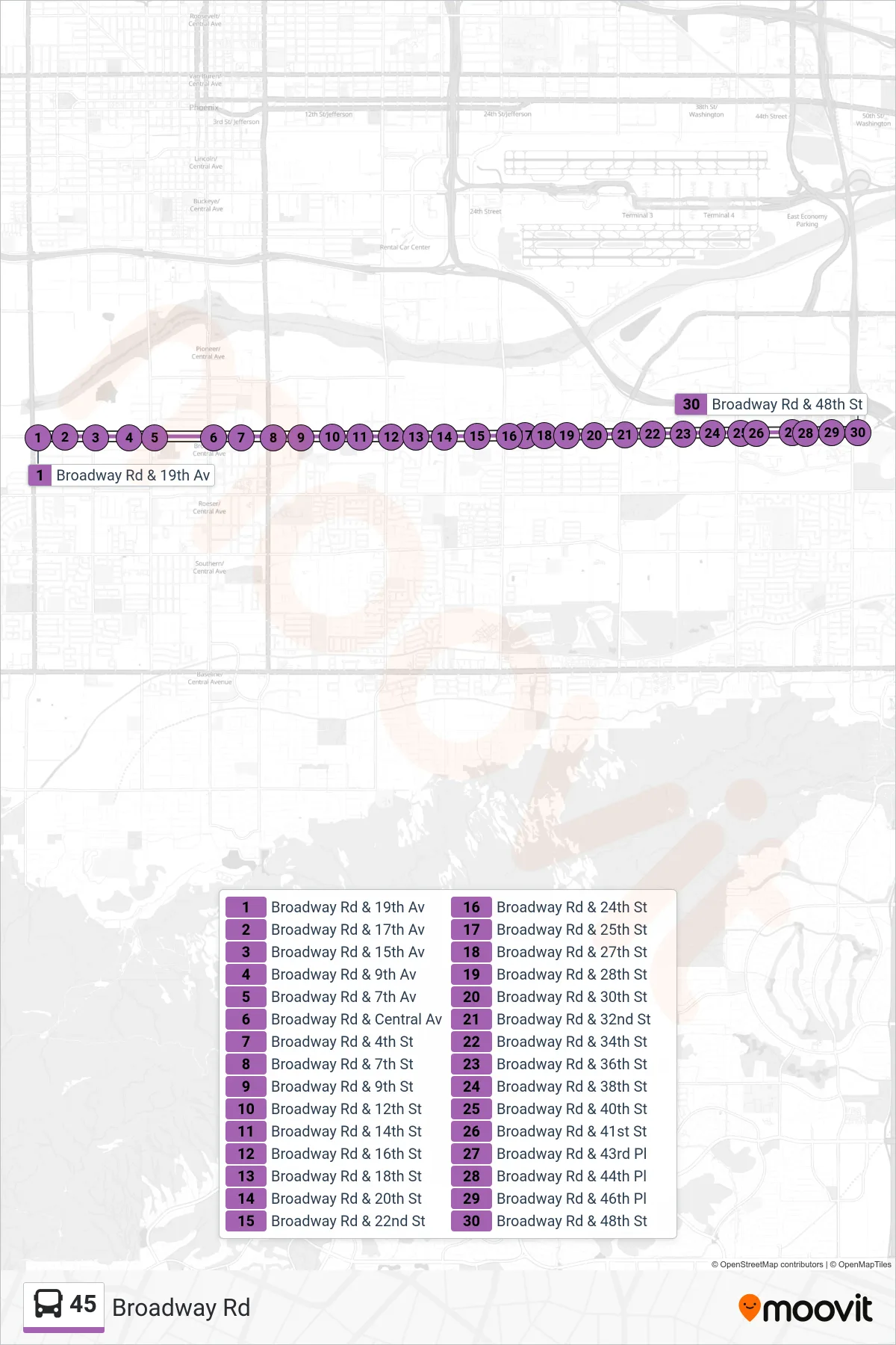 45 bus Line (48th St+Broadway) route and stops on a map