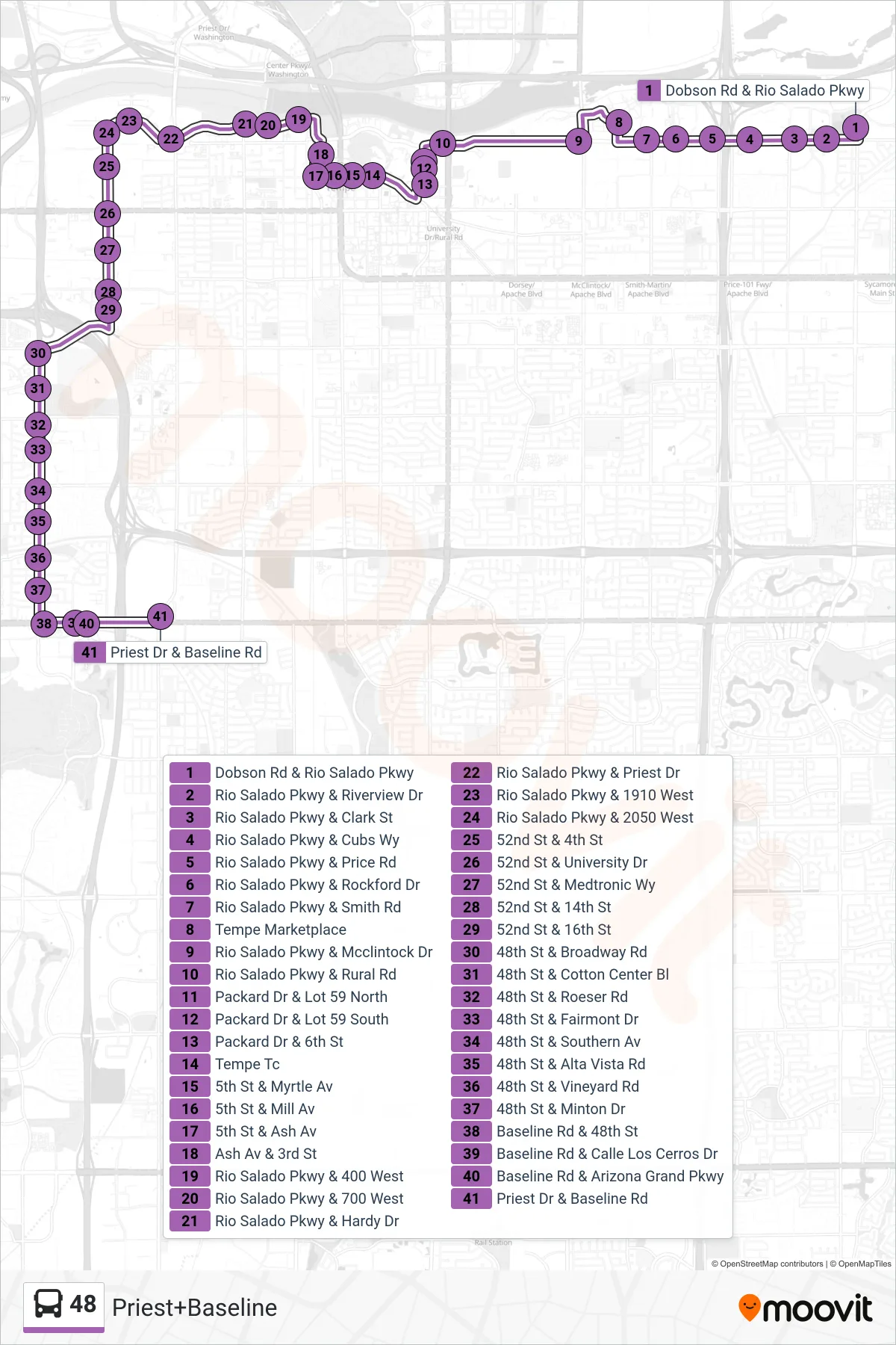 48 bus Line (Priest+Baseline) route and stops on a map