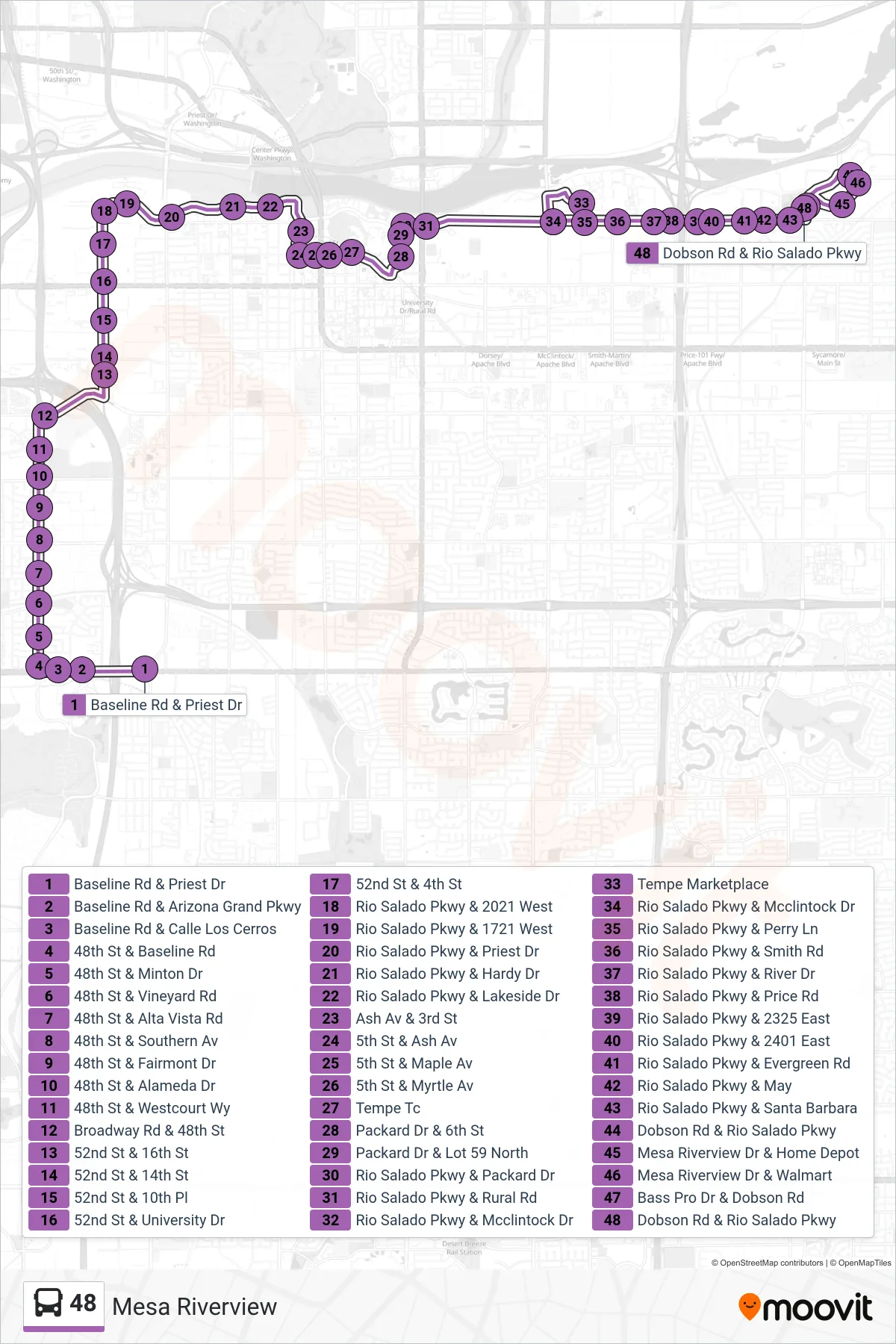 48 bus Line (Mesa Riverview) route and stops on a map