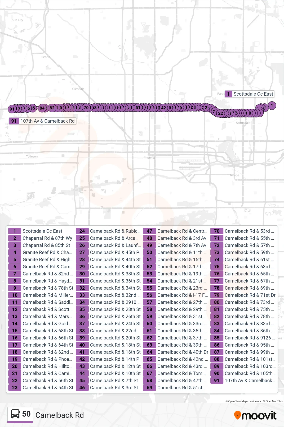 50 bus Line (107th Ave+Camelback) route and stops on a map