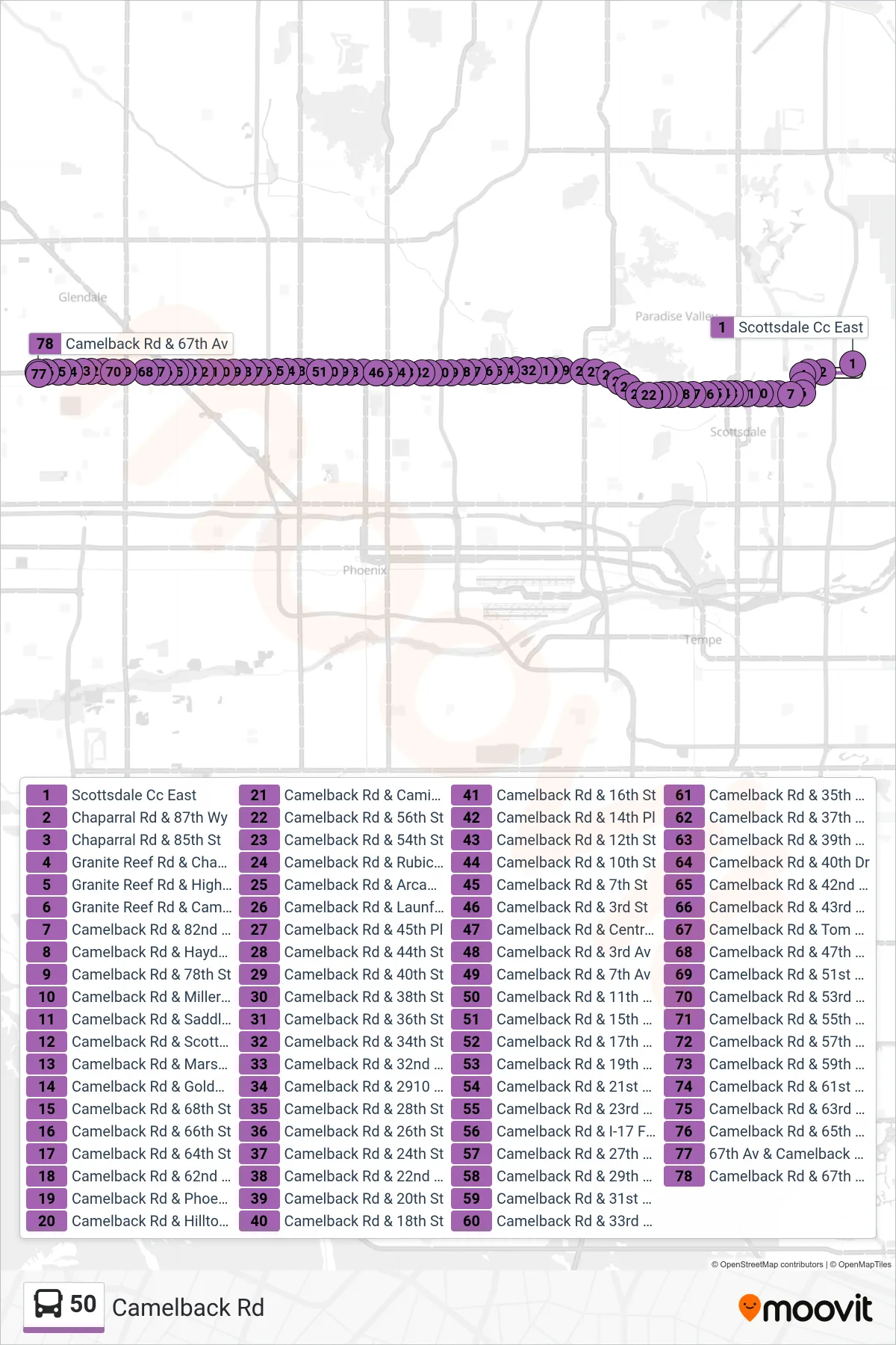 50 bus Line (67th Ave+Camelback) route and stops on a map