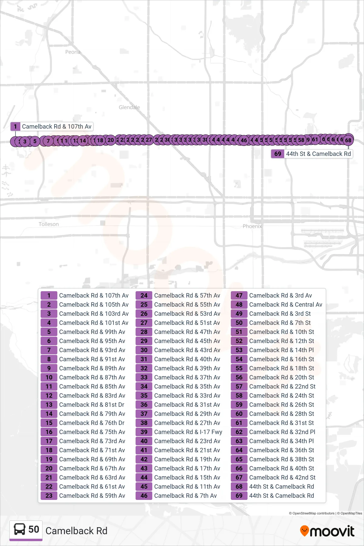 50 bus Line (44th St+Camelback) route and stops on a map