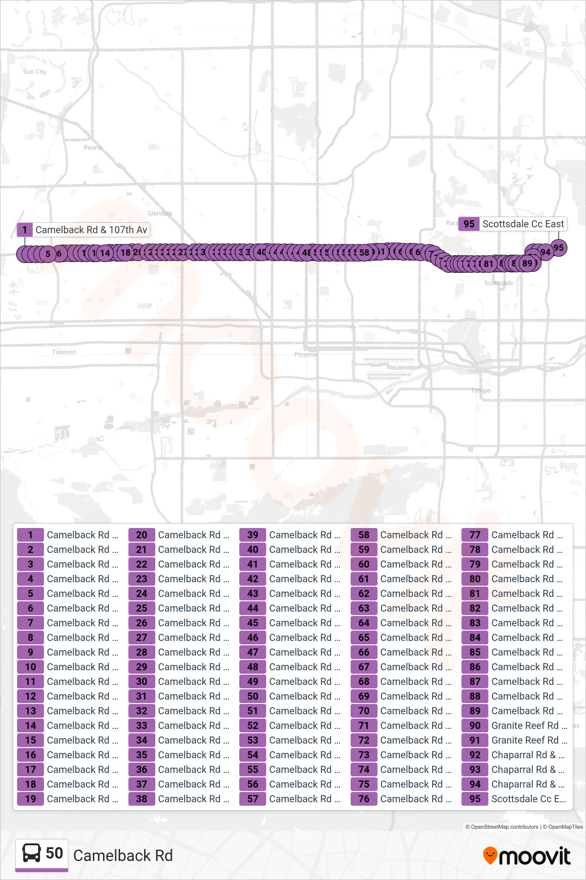 50 bus Line (Scottsdale Cc) route and stops on a map