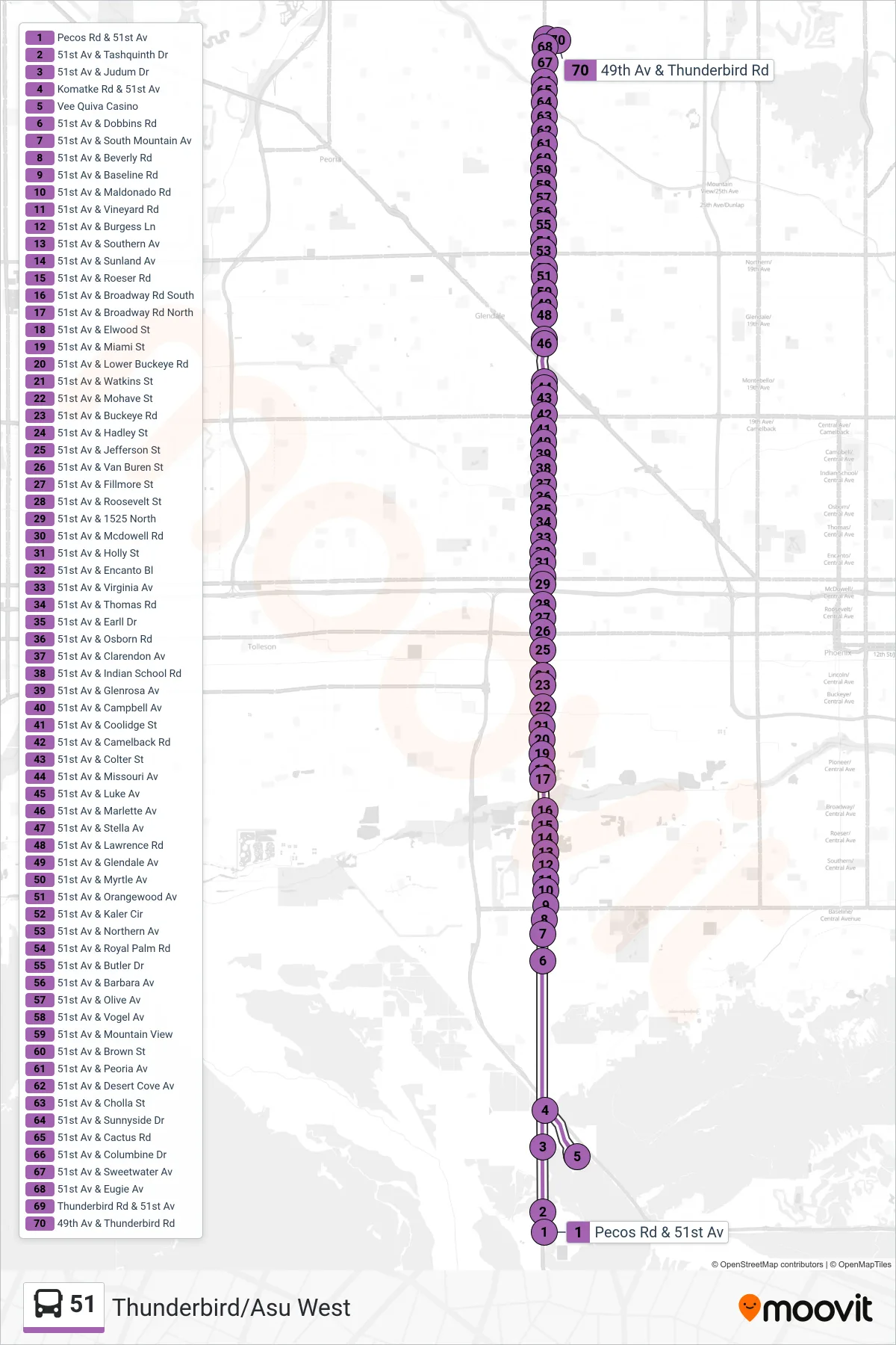 51 bus Line (Thunderbird/Asu West) route and stops on a map