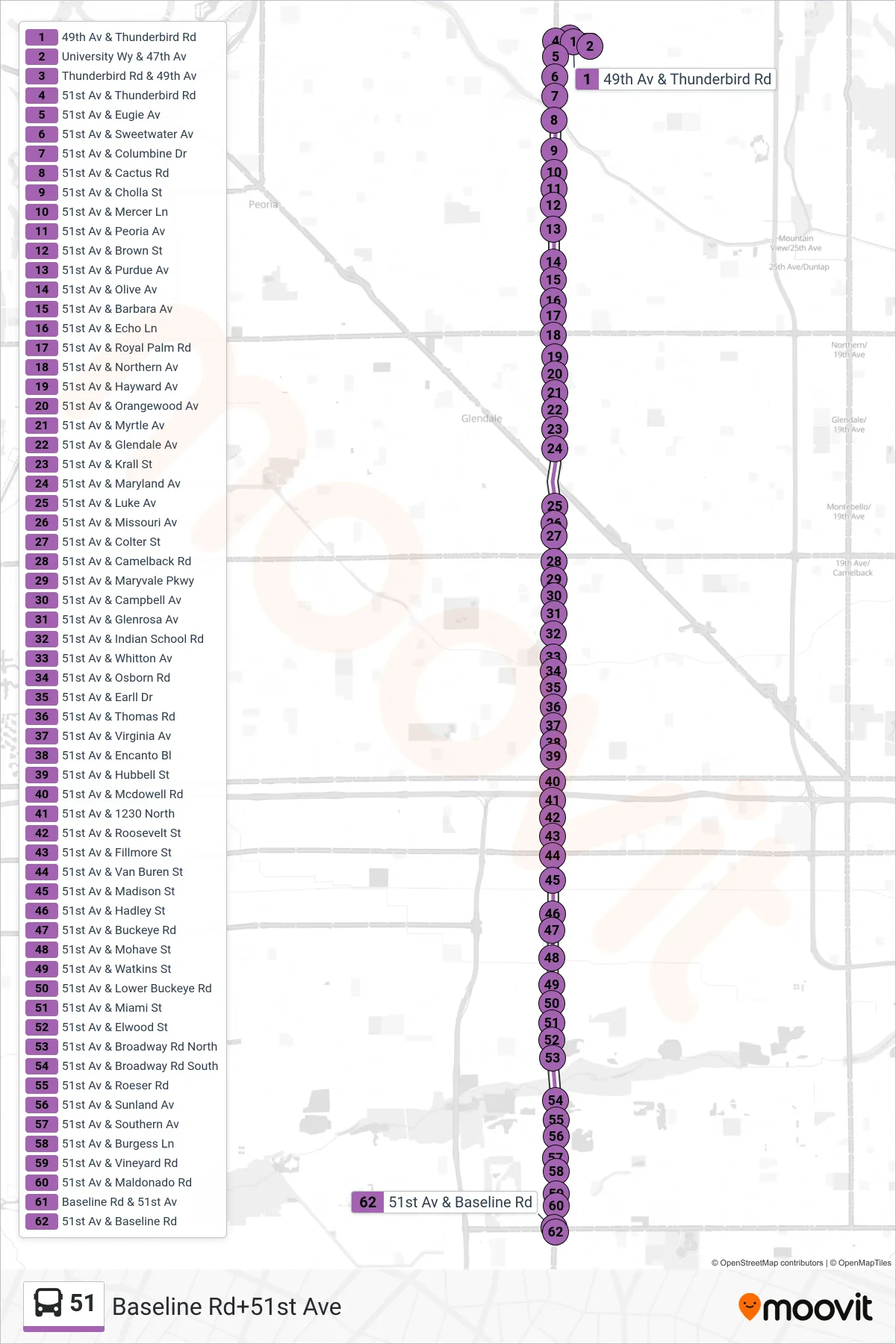 51 bus Line (Baseline Rd+51st Ave) route and stops on a map