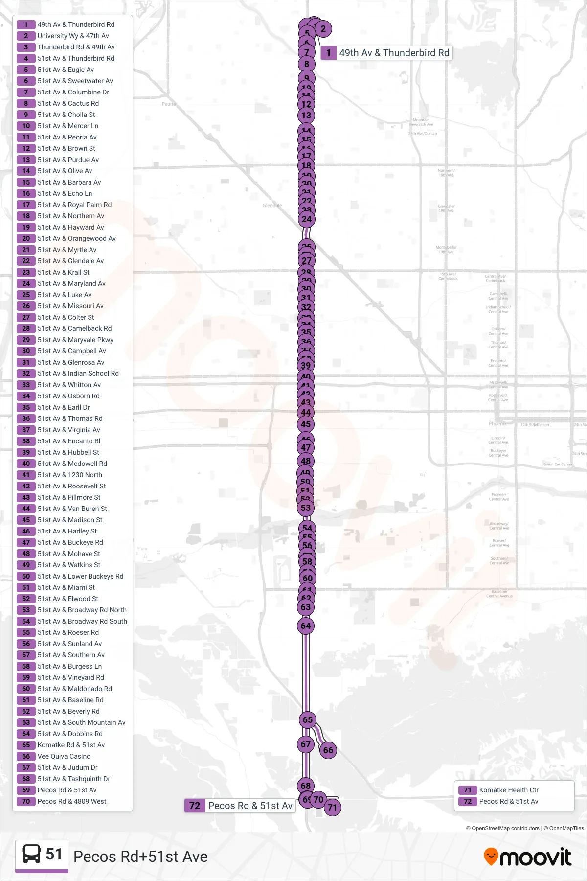 51 bus Line (Pecos Rd+51st Ave) route and stops on a map