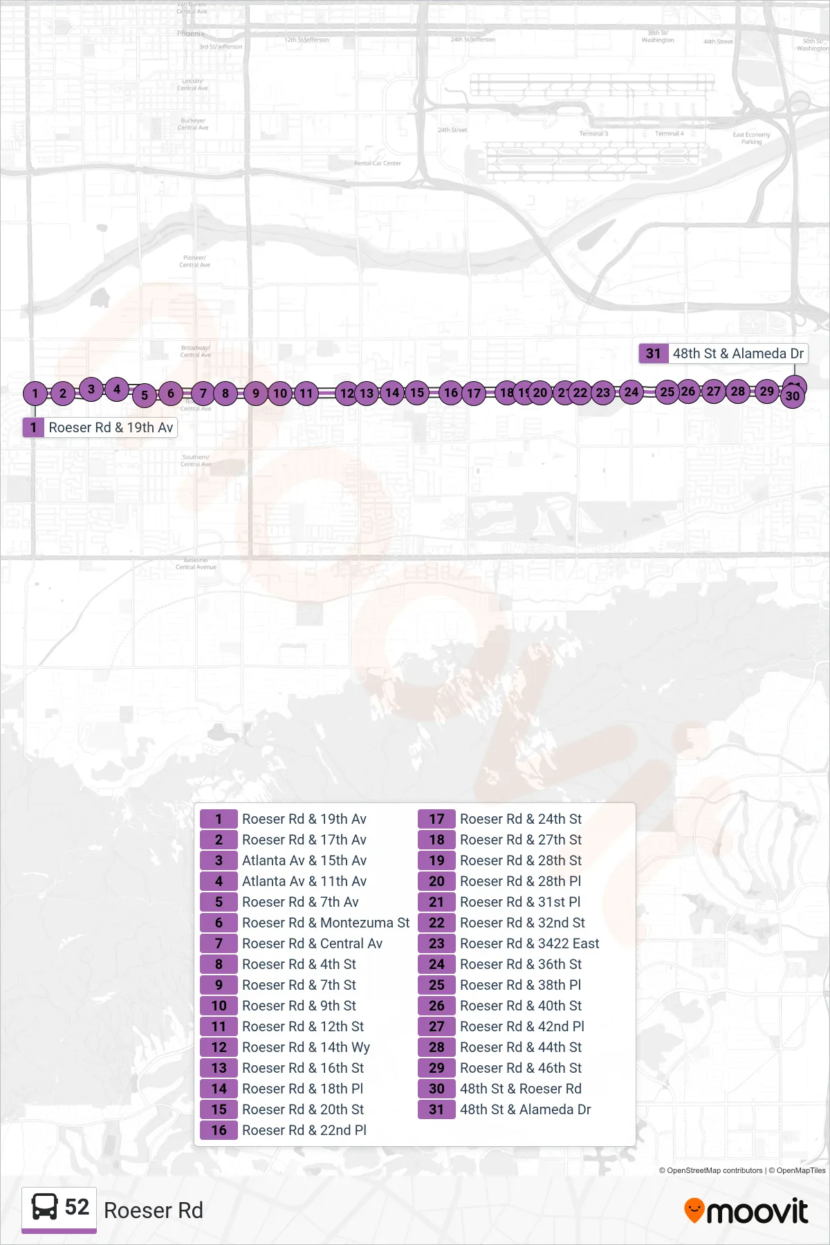 52 bus Line (48th St+Roeser) route and stops on a map