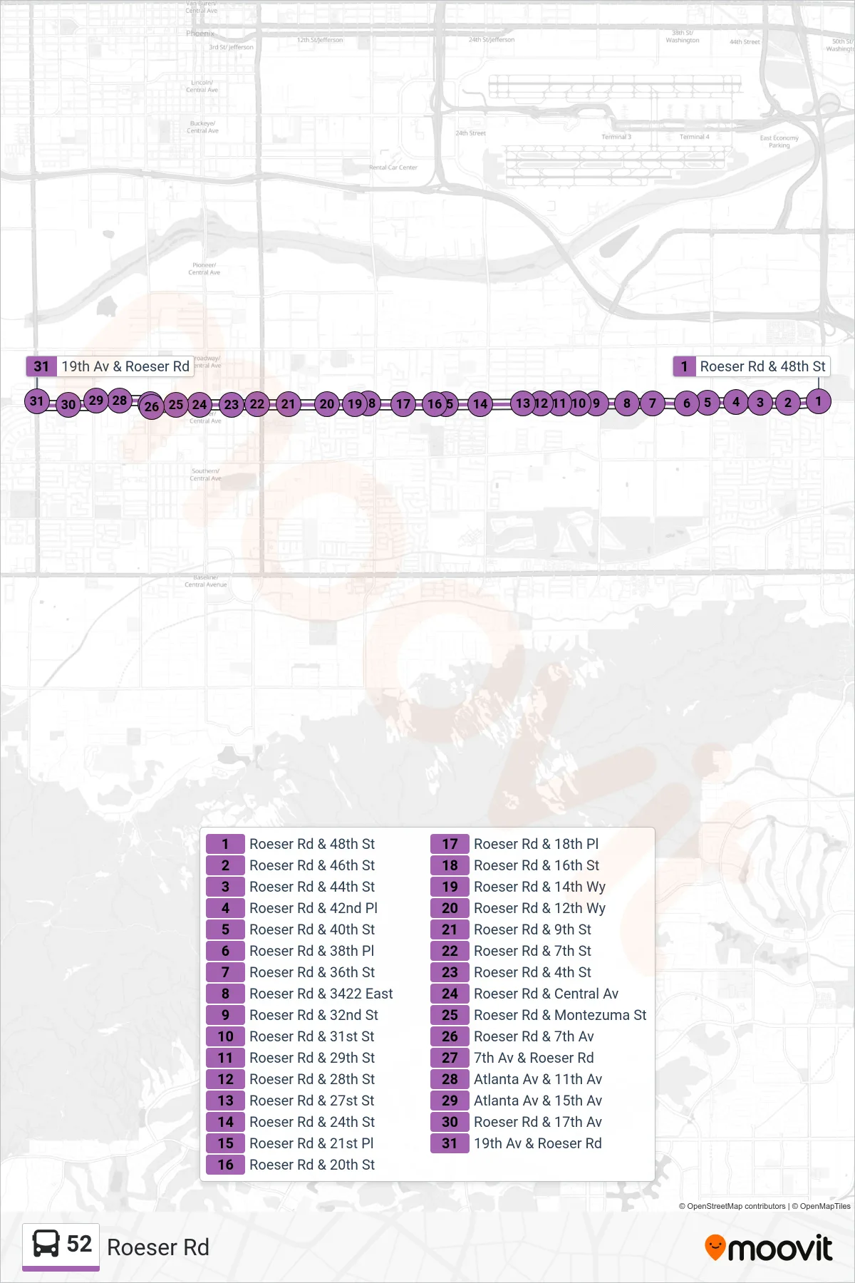 52 bus Line (19th Ave+Roeser) route and stops on a map