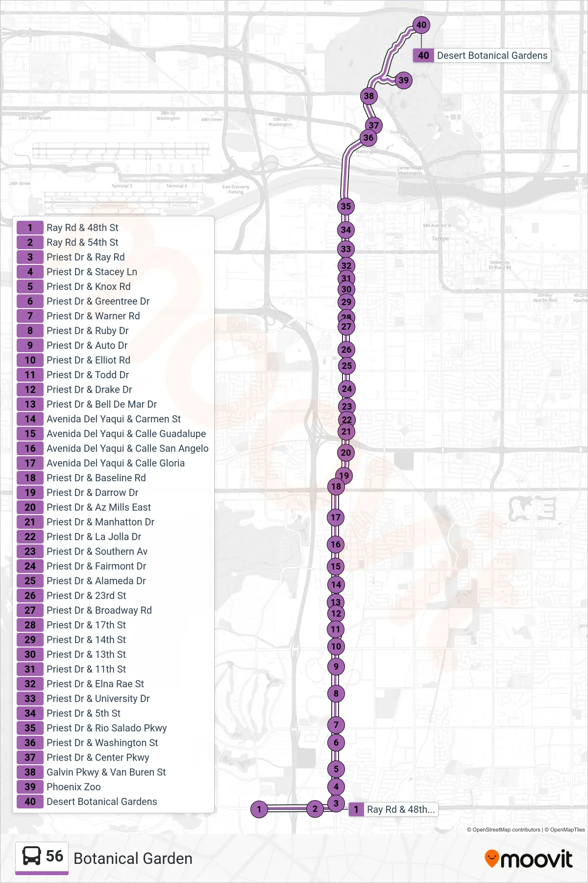 56 bus Line (Botanical Garden) route and stops on a map