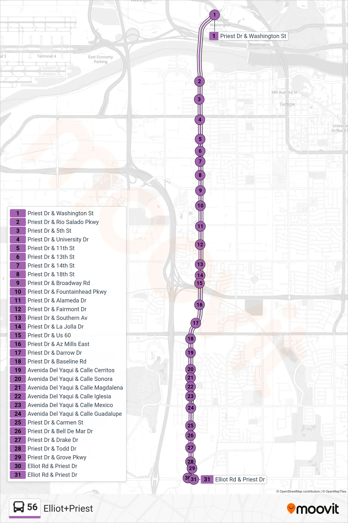 56 bus Line (Elliot+Priest) route and stops on a map