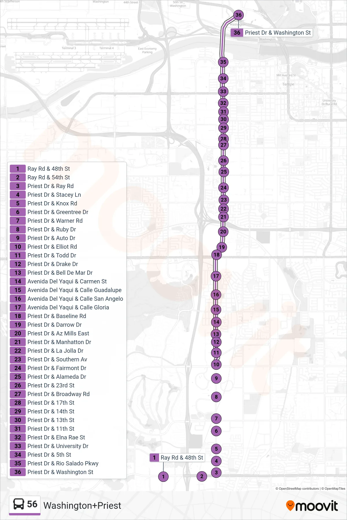 56 bus Line (Washington+Priest) route and stops on a map