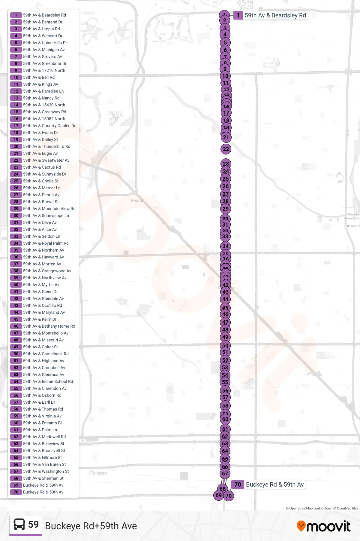 59 bus Line (Buckeye Rd+59th Ave) route and stops on a map