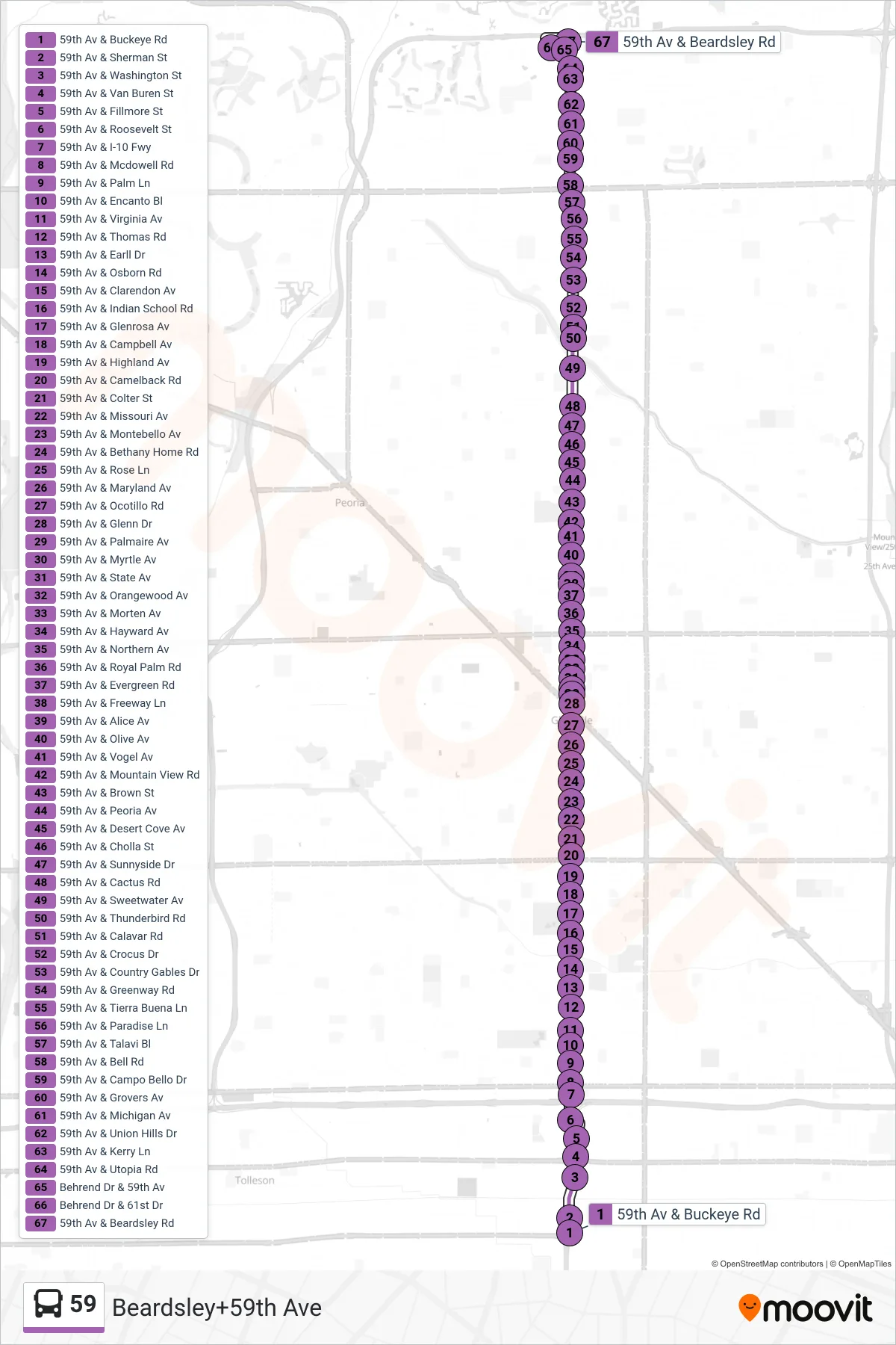 59 bus Line (Beardsley+59th Ave) route and stops on a map