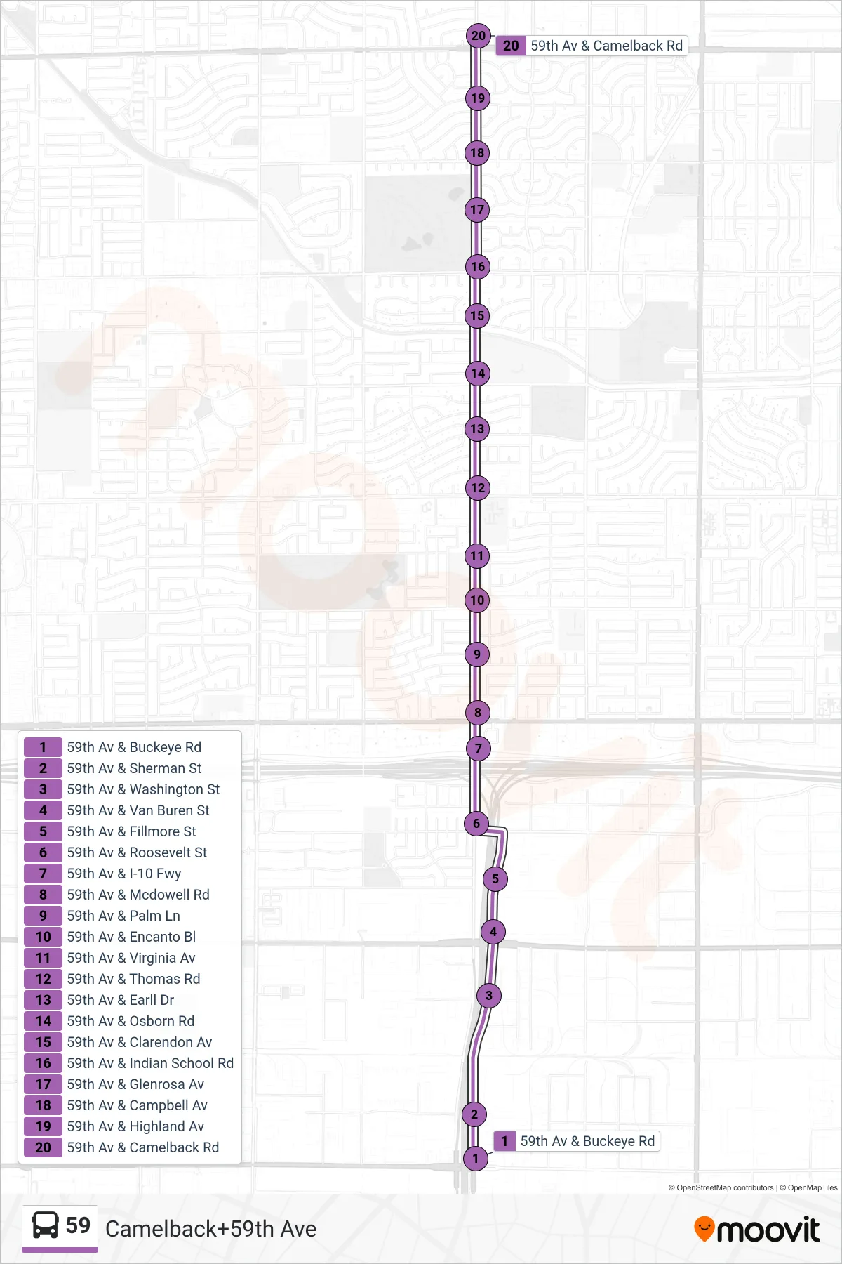 59 bus Line (Camelback+59th Ave) route and stops on a map