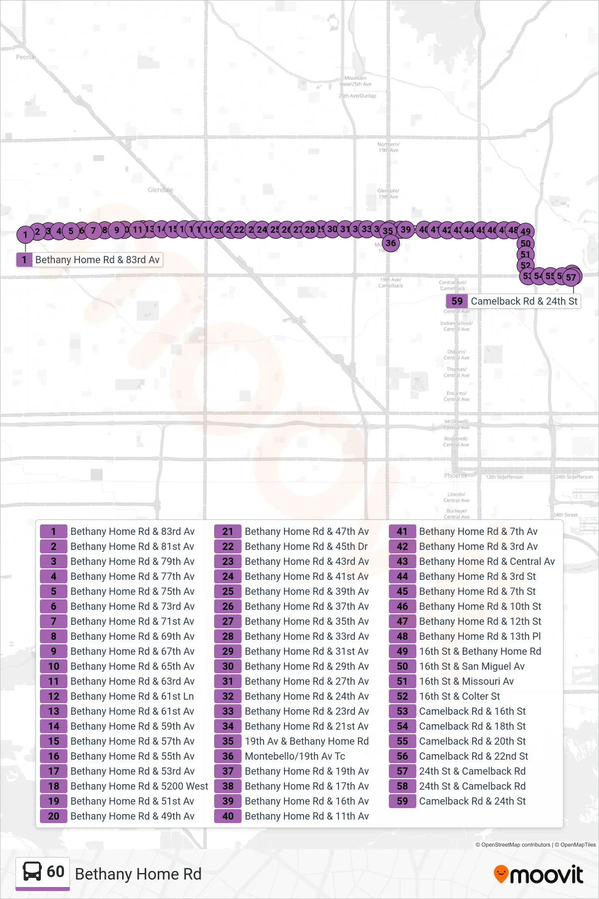 60 bus Line (24th St+Camelback) route and stops on a map