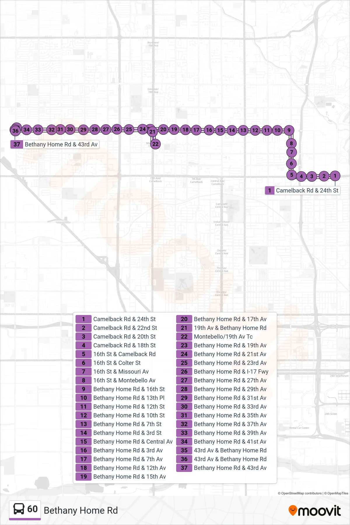 60 bus Line (43rd Av+Bethany Home) route and stops on a map