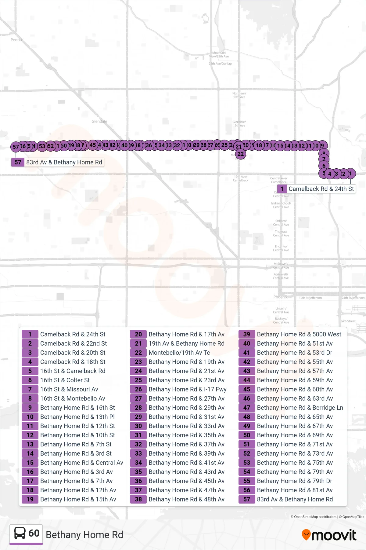 60 bus Line (83rd Av+Bethany Home) route and stops on a map