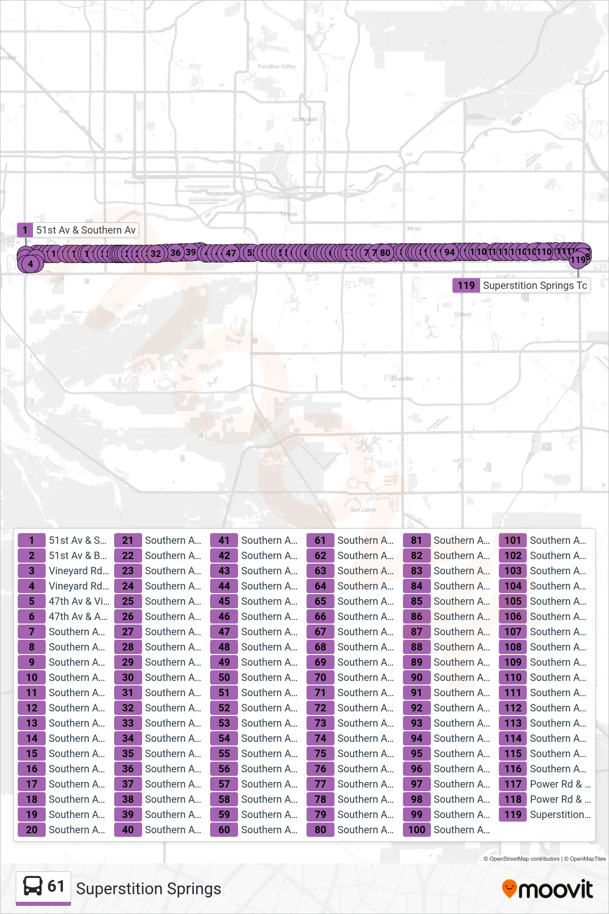 61 bus Line (Superstition Springs) route and stops on a map