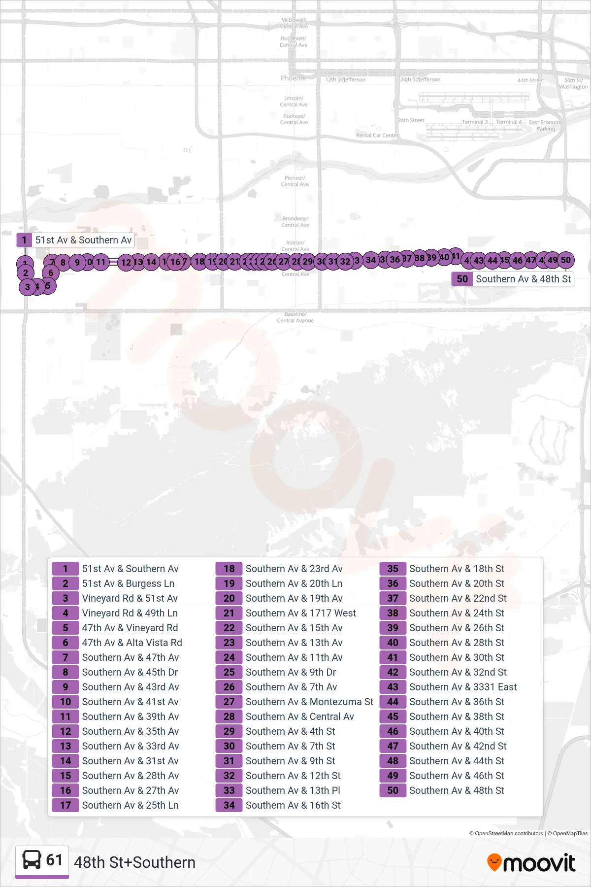 61 bus Line (48th St+Southern) route and stops on a map