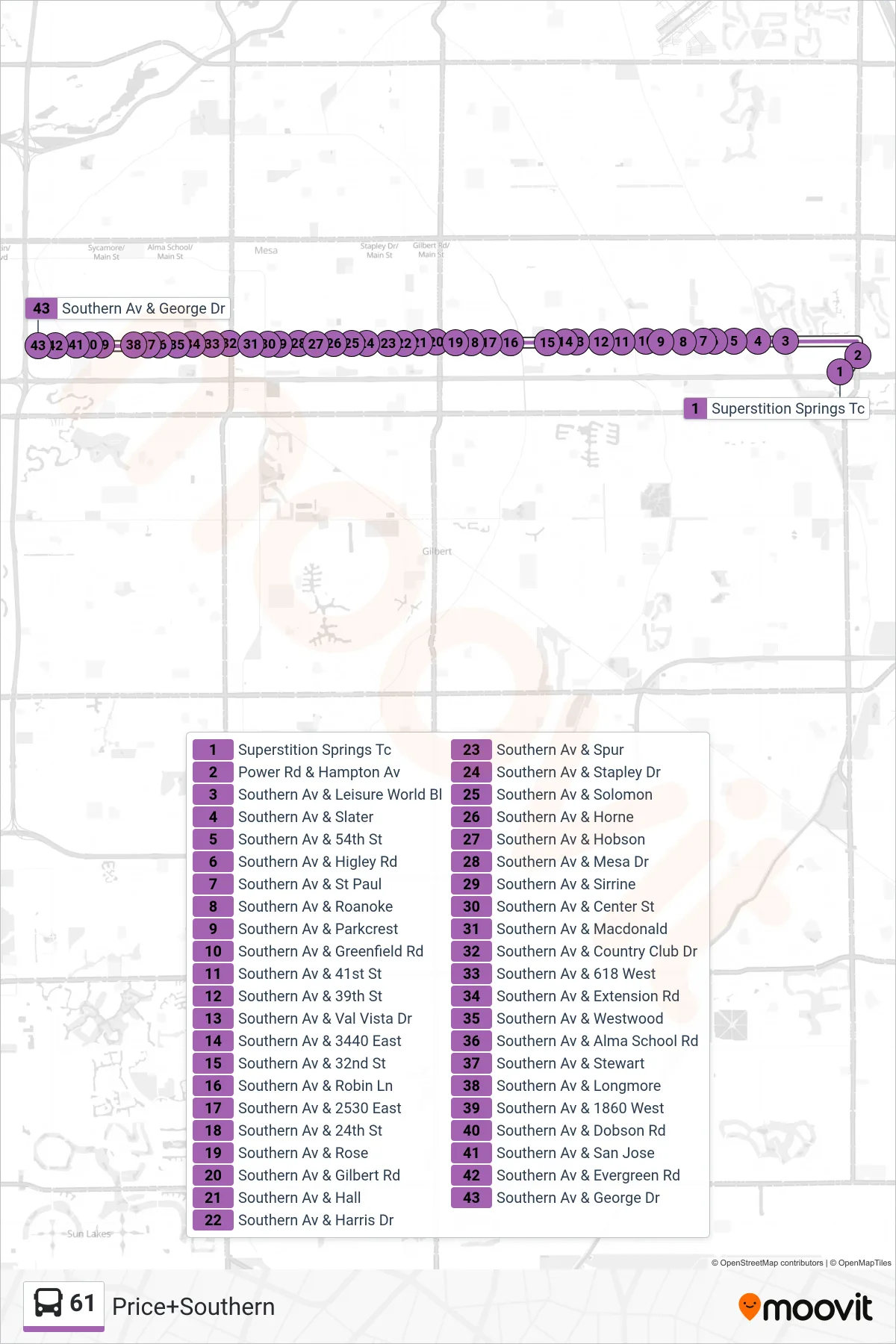 61 bus Line (Price+Southern) route and stops on a map
