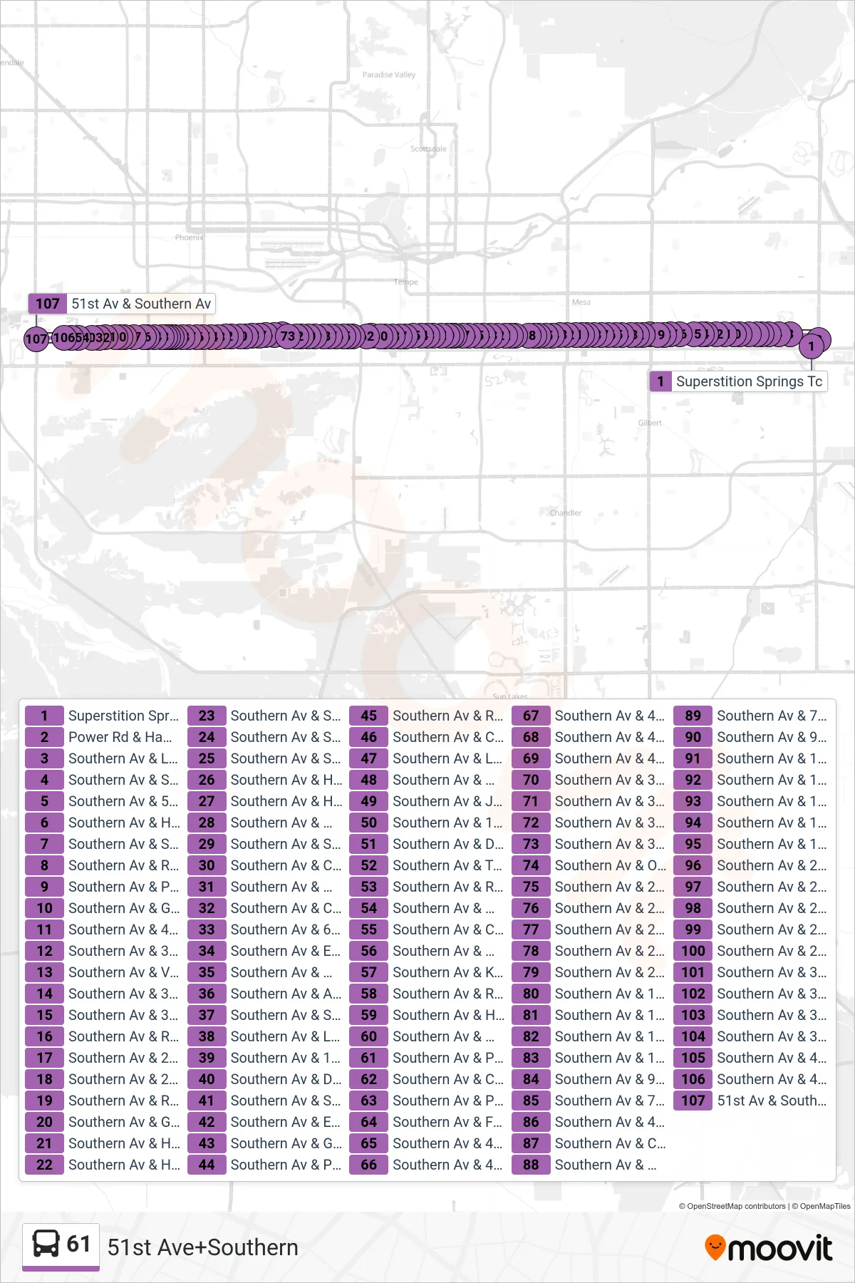 61 bus Line (51st Ave+Southern) route and stops on a map
