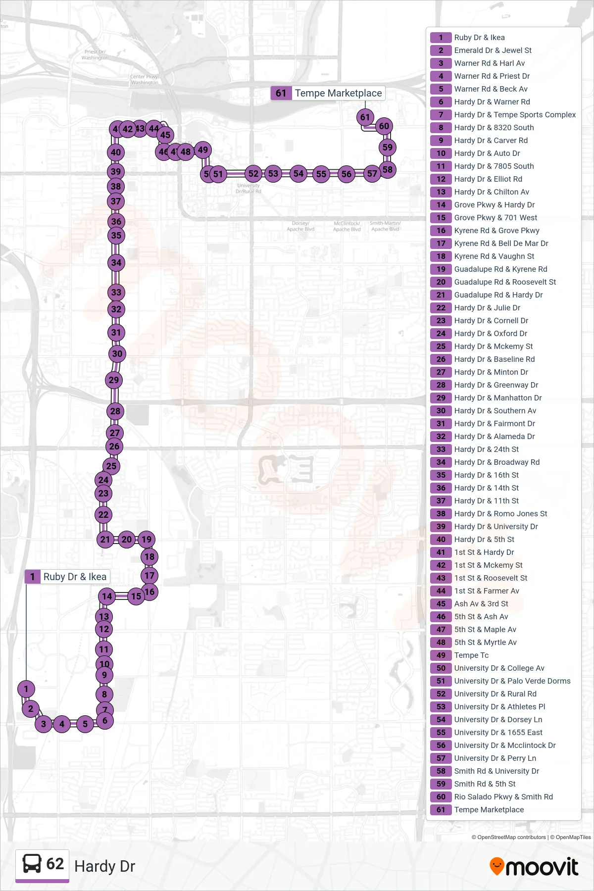 62 bus Line (Tempe Marketplace) route and stops on a map
