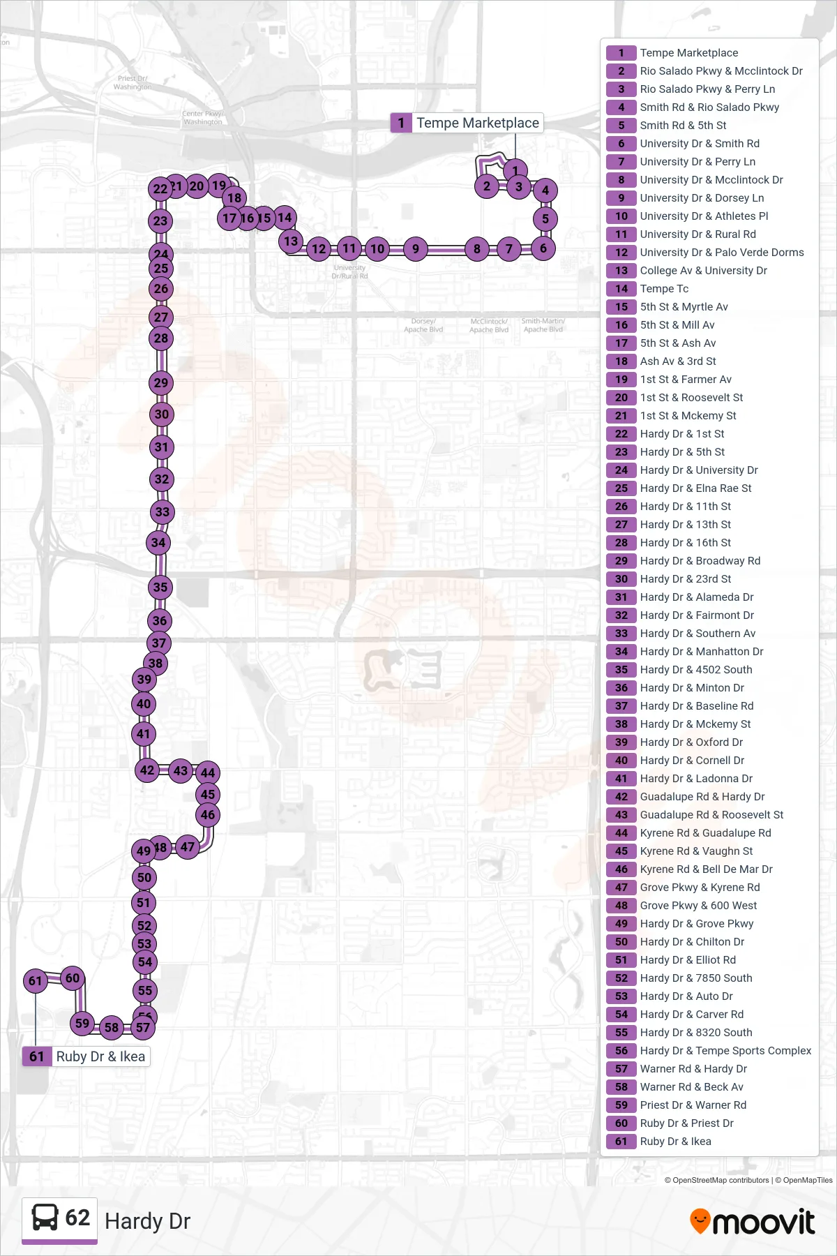 62 bus Line (Warner Rd/Ikea) route and stops on a map