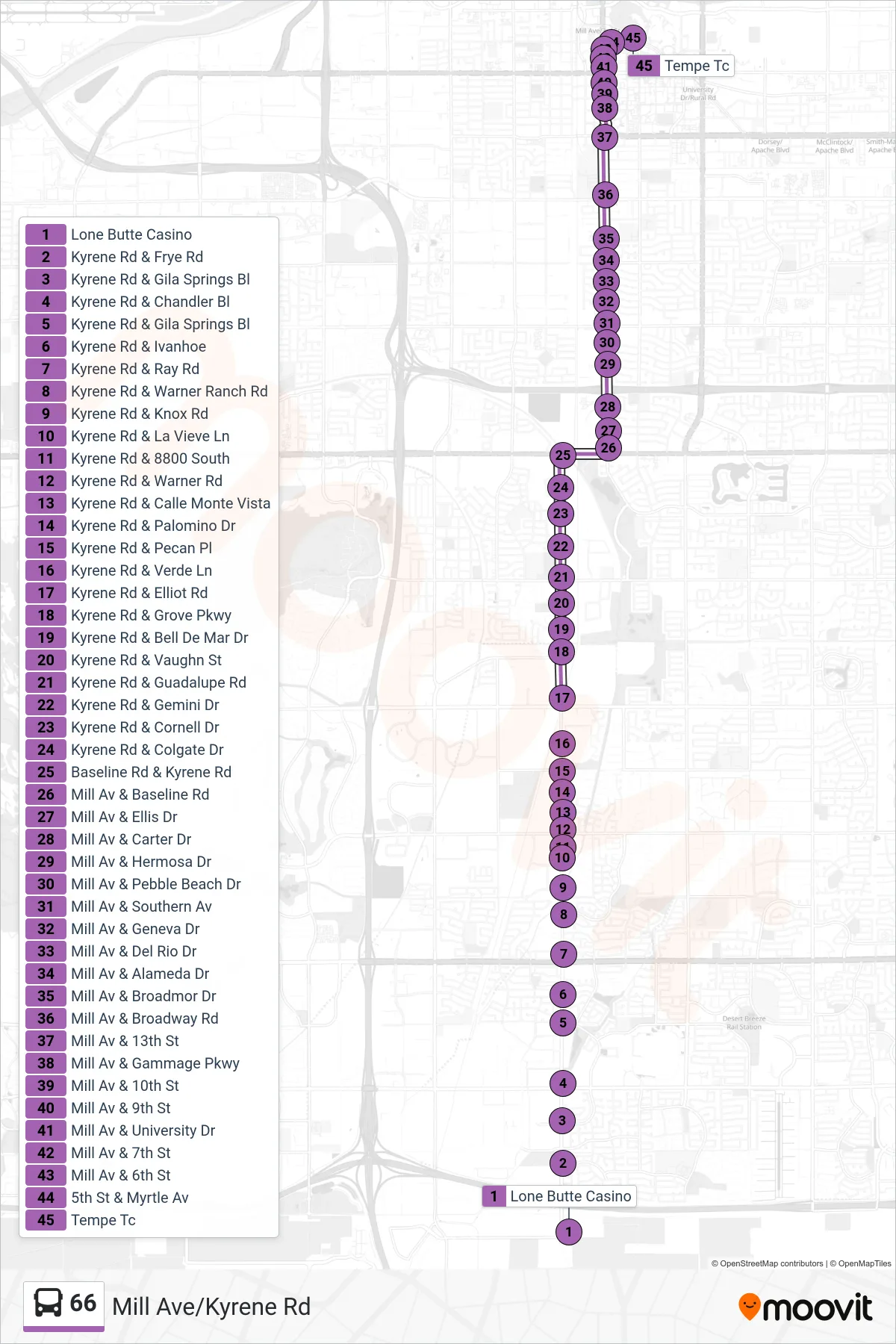 66 bus Line (Downtown Tempe/Asu) route and stops on a map