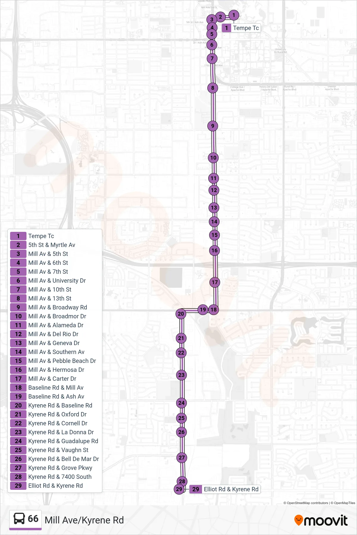 66 bus Line (Elliot Rd+Kyrene) route and stops on a map