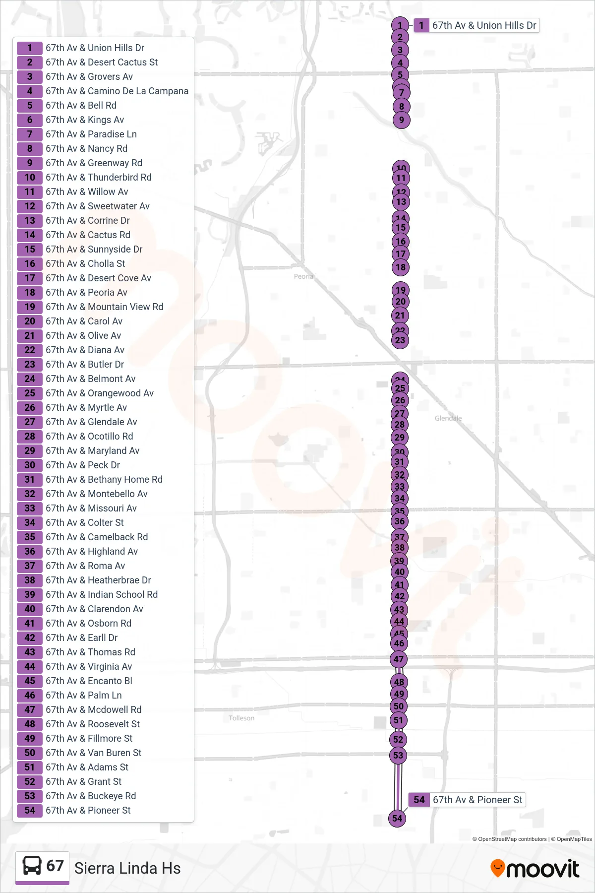 67 bus Line (Sierra Linda Hs) route and stops on a map