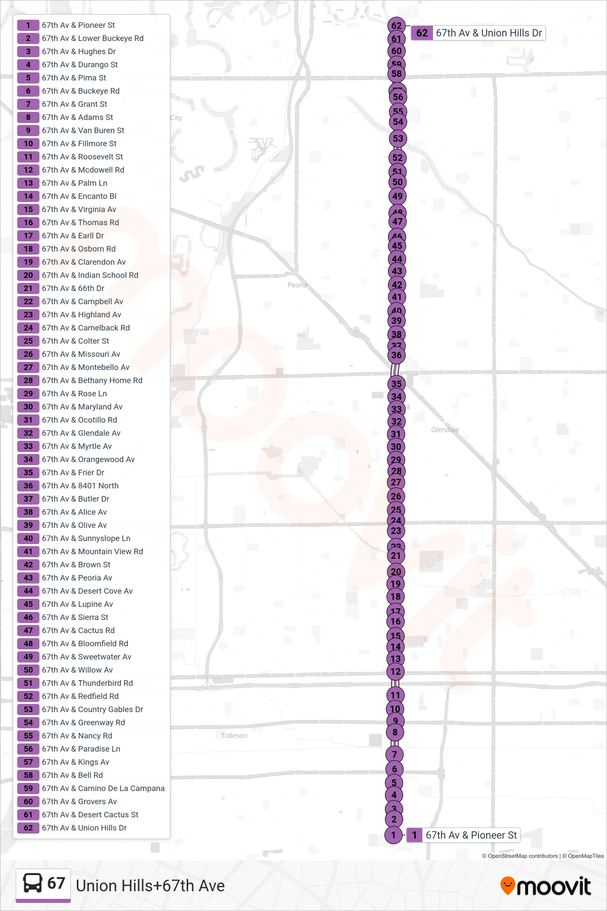 67 bus Line (Union Hills+67th Ave) route and stops on a map