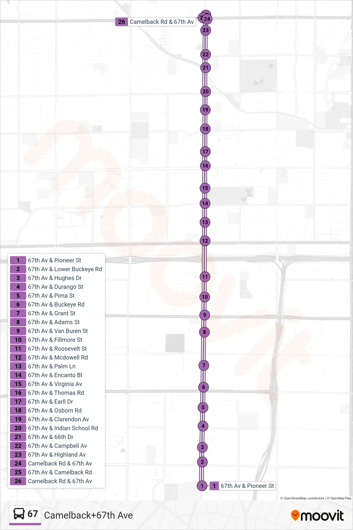 67 bus Line (Camelback+67th Ave) route and stops on a map