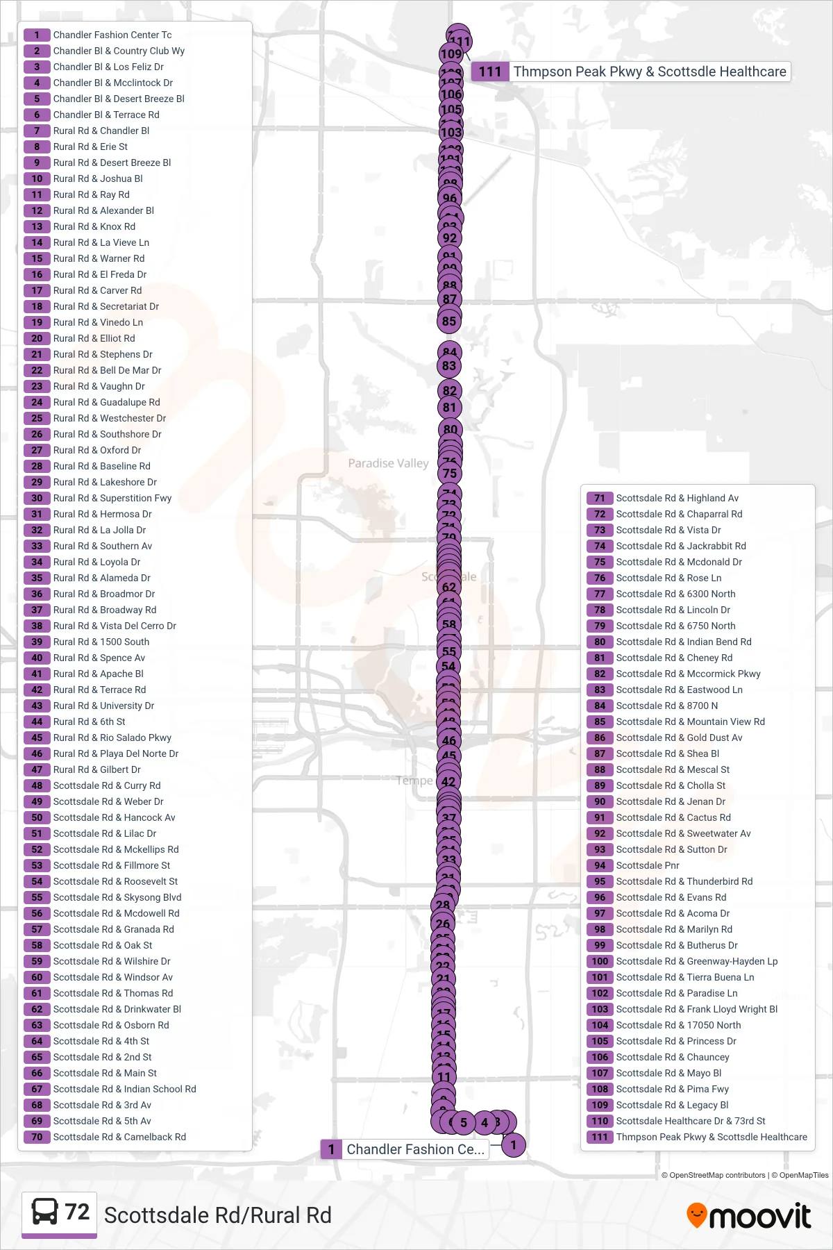 72 bus Line (Northbound) route and stops on a map