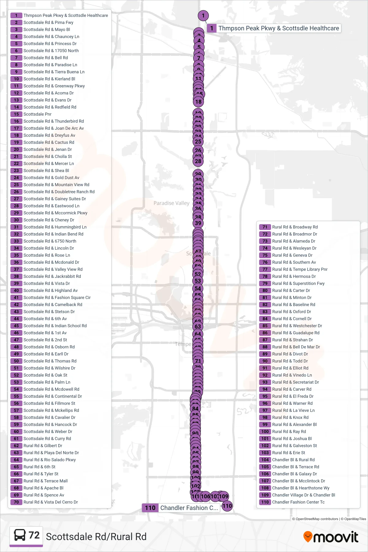 72 bus Line (Southbound) route and stops on a map