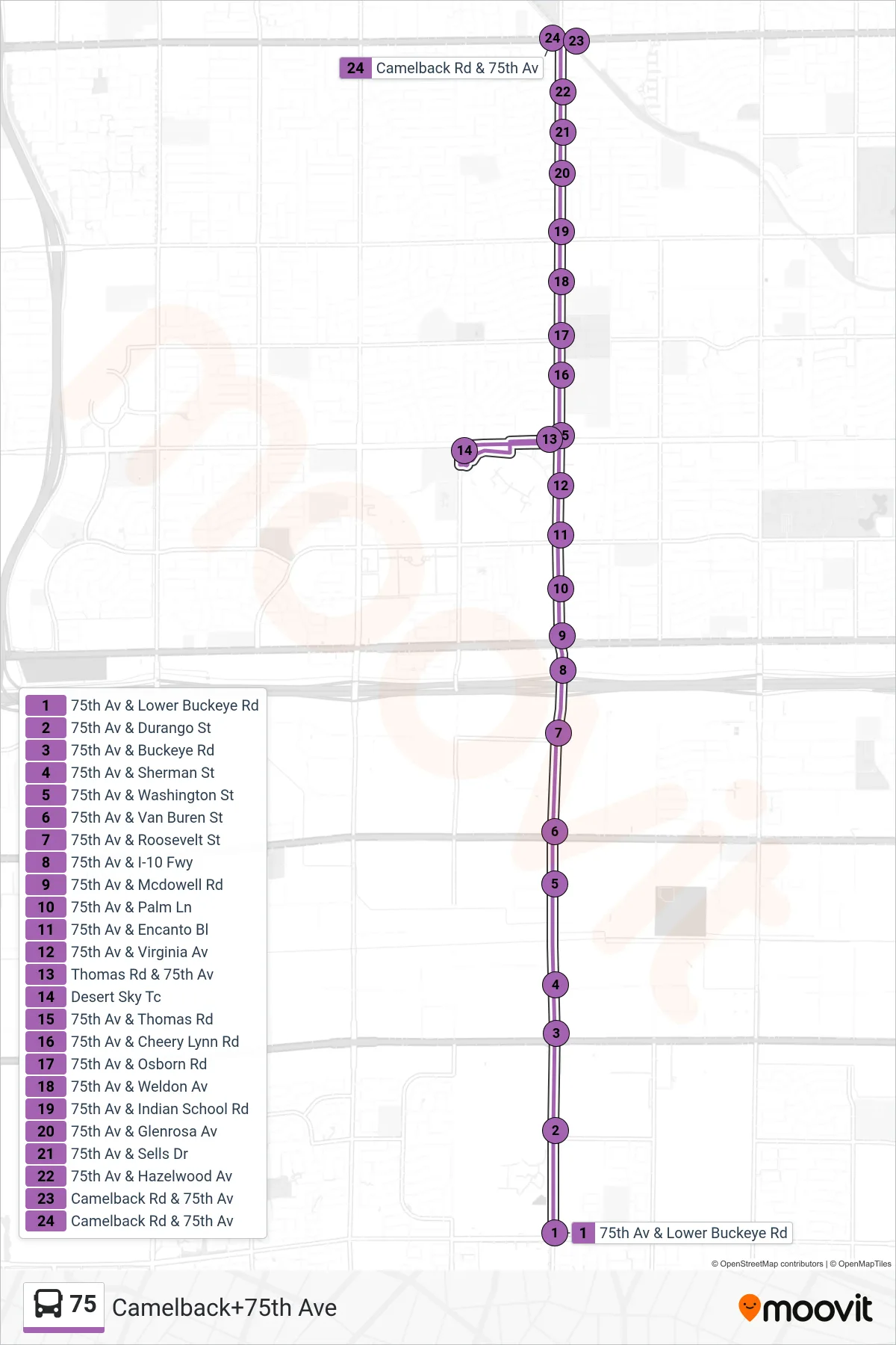 75 bus Line (Camelback+75th Ave) route and stops on a map