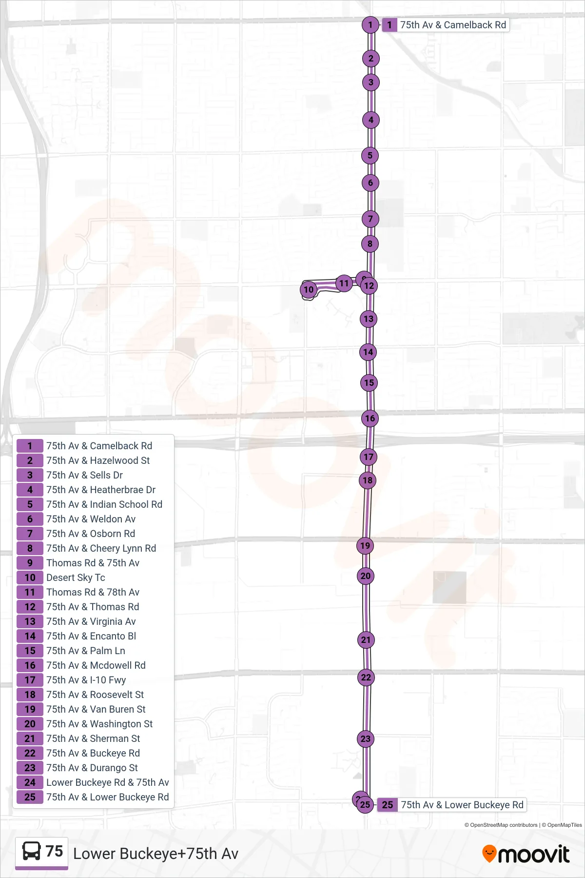 75 bus Line (Lower Buckeye+75th Av) route and stops on a map