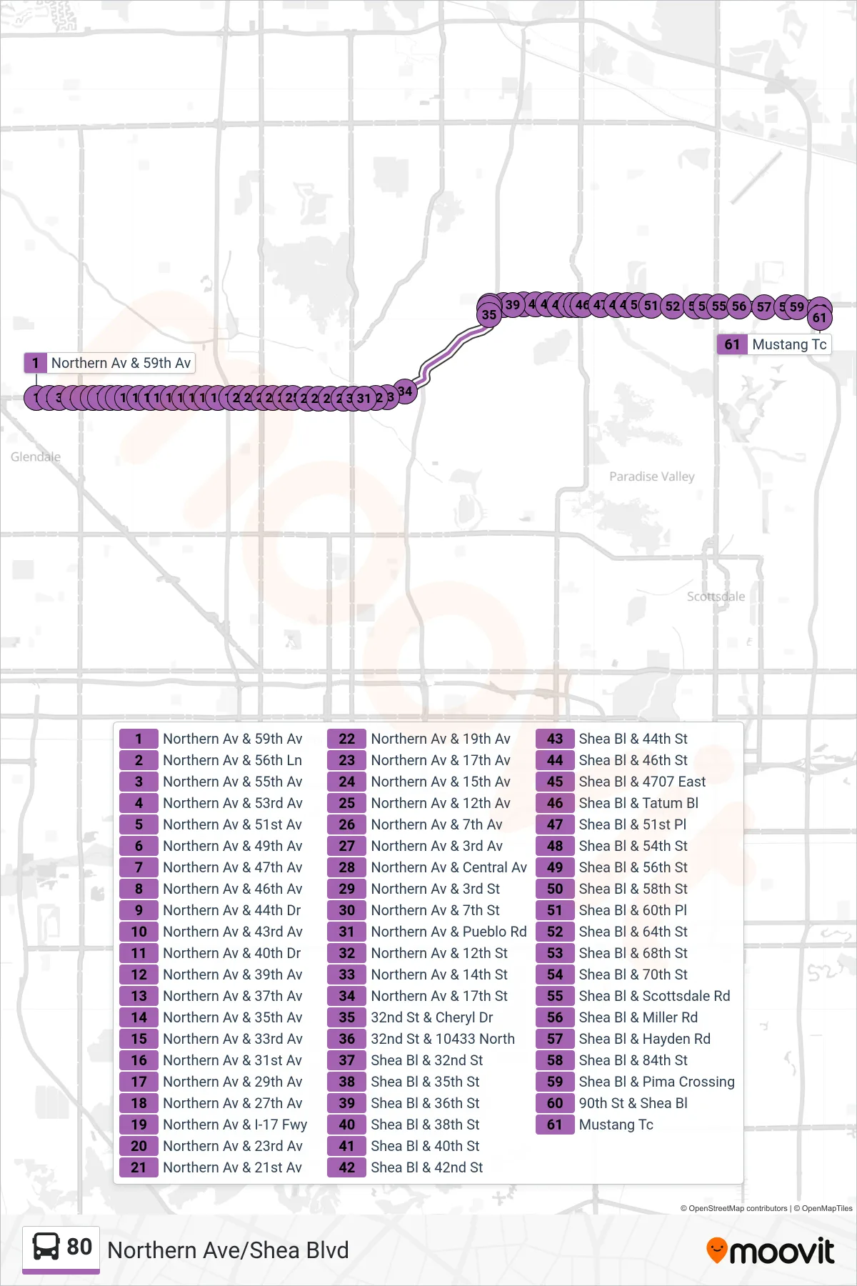 80 bus Line (Mustang Transit Ctr) route and stops on a map